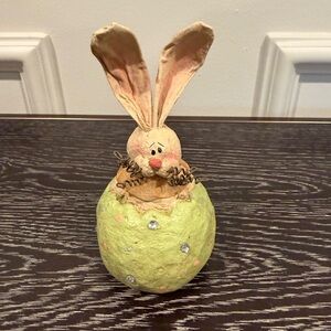 Vintage Folk Art Bunny Rabbit Paper Hand Painted Mache Figure Metal Whiskers